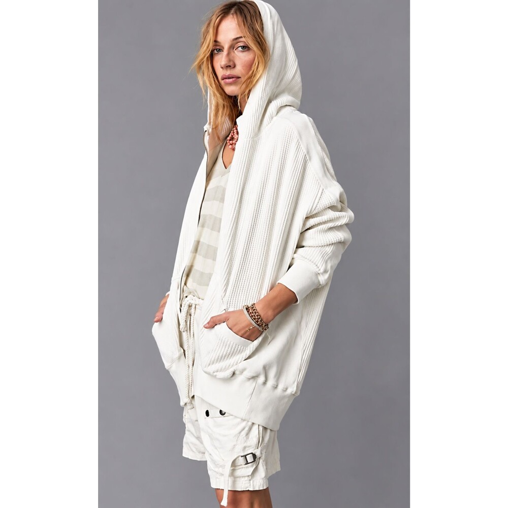 Free People FP One Ash Pieced Thermal Zip Up Oversized Hoodie Sweatshirt LARGE